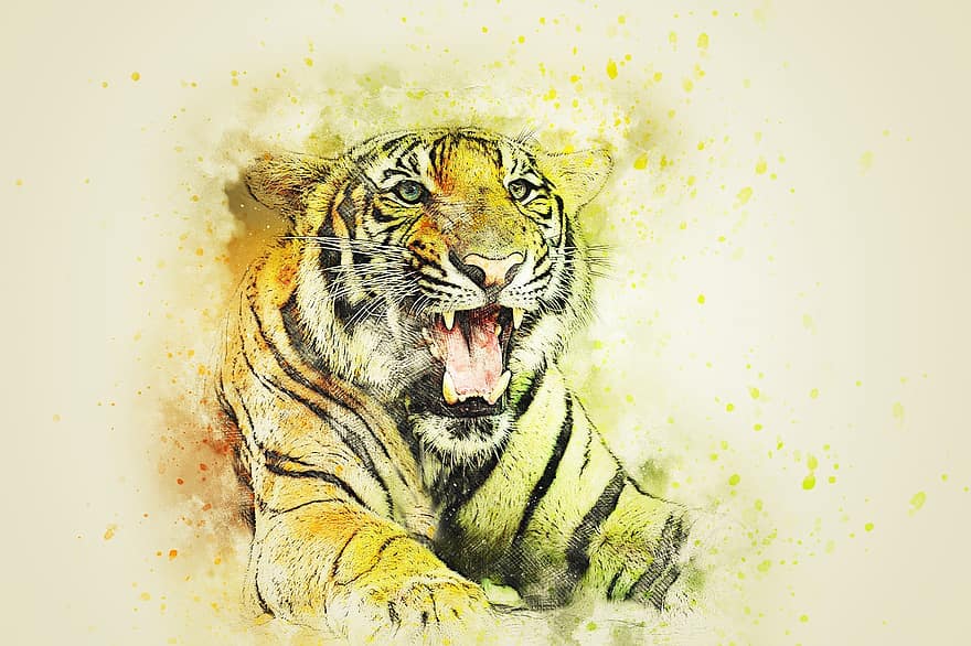 Tiger, Tier, Kunst, abstrakt, Aquarell, Jahrgang, künstlerisch, Katze, Design, T-Shirt, Farbspritzer
