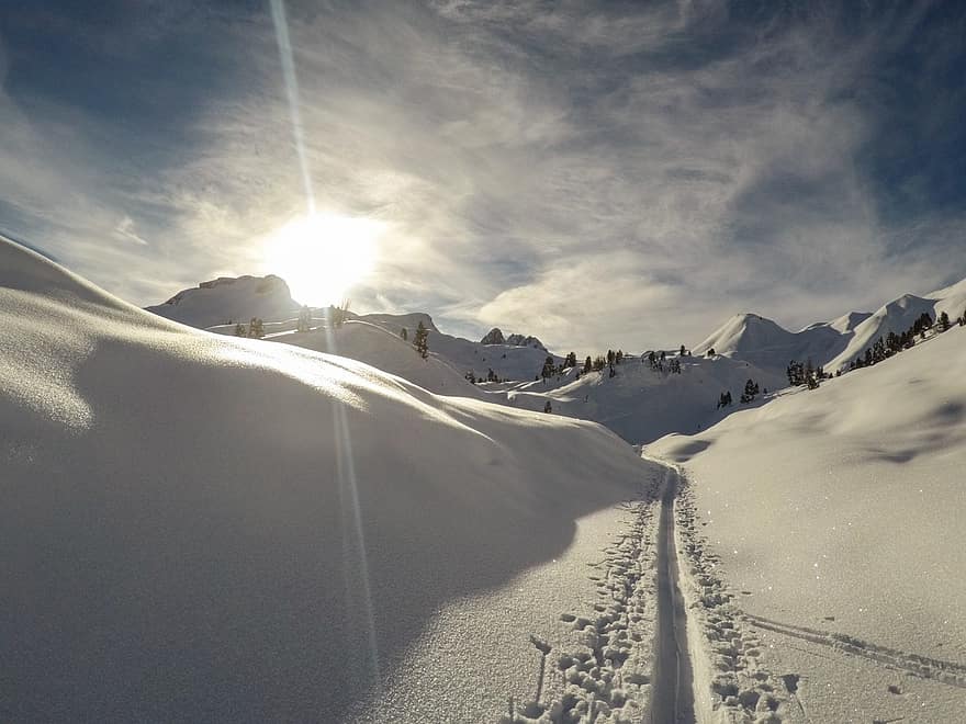 esquí de travesía, nieve, Alpes, alpino, montañas nevadas, montañas, invierno, cuesta abajo, pista de esquí, escarcha, Nevado