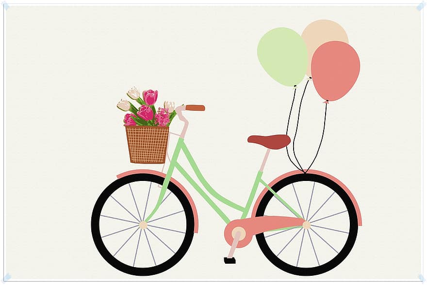 ποδήλατο, μπαλόνι, χαριτωμένος, vintage ποδήλατο, διακόσμηση, σχέδιο, ταξίδι, κρασί, αγάπη, χαρούμενος, γενέθλια