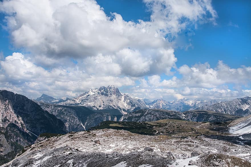 alpine, dolomit, Italia, tyrol selatan, tiga zinnen, taman alam, gunung, pemandangan, alam, awan, hiking