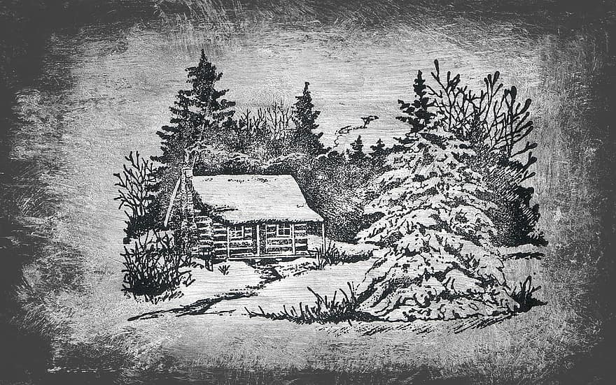 desen, iarnă, de iarnă, căsuță, pădure, zăpadă, alb negru, artistic