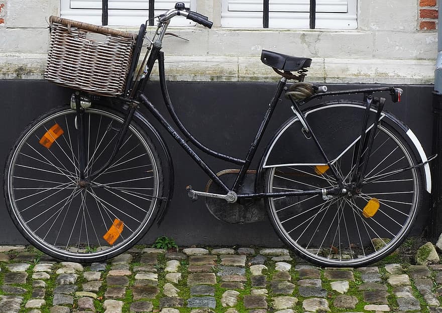rower, fasada, kosz, holenderski rower, ulica, bo, na wolnym powietrzu, transport, środek transportu, cykl, stary