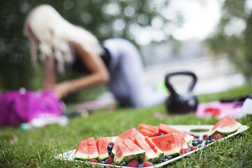 cvičení, vodní meloun, zdravý, zelená, životní styl, ovoce