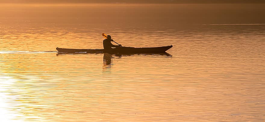 barcă, canoe, om, lac, apă, canotaj, sportiv, apus de soare, reflecţie