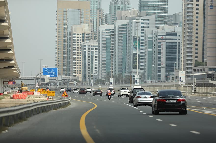 Road, Vehicles, City, Traffic, Cars, Highway, Pavement, Street, Outdoors, Buildings, Skyscrapers