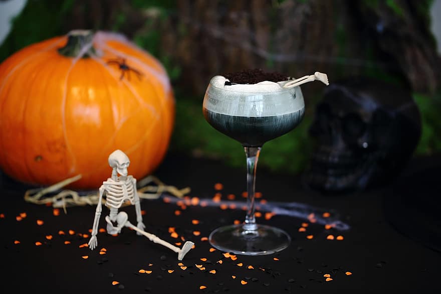тыква, скелет, череп, коктейль, напиток, жутко
