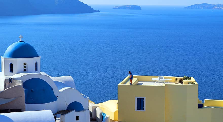Grækenland, santorini, middelhavet, ø, husholdning, hav, tagterrasse, ocean, ægæiske, caldera, blå