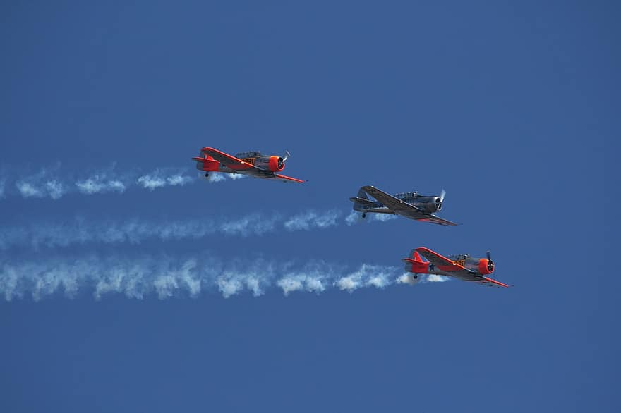 American T-6, Harvards, Trainer, Display, Formation, Smoke, Blue Sky, flying, airshow, airplane, air vehicle
