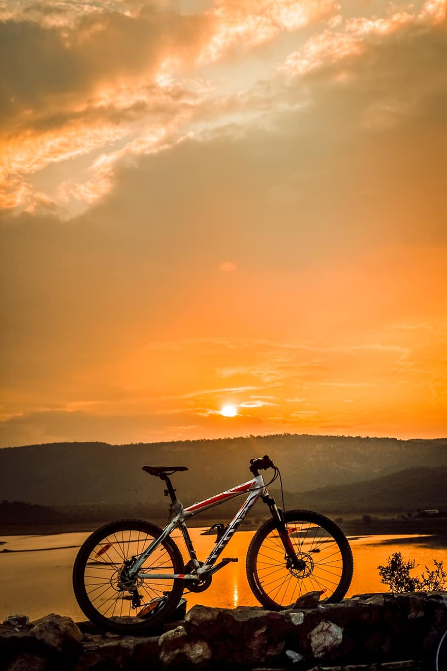 bicicleta, puesta de sol, lago, ciclismo, naturaleza, paisaje, crepúsculo