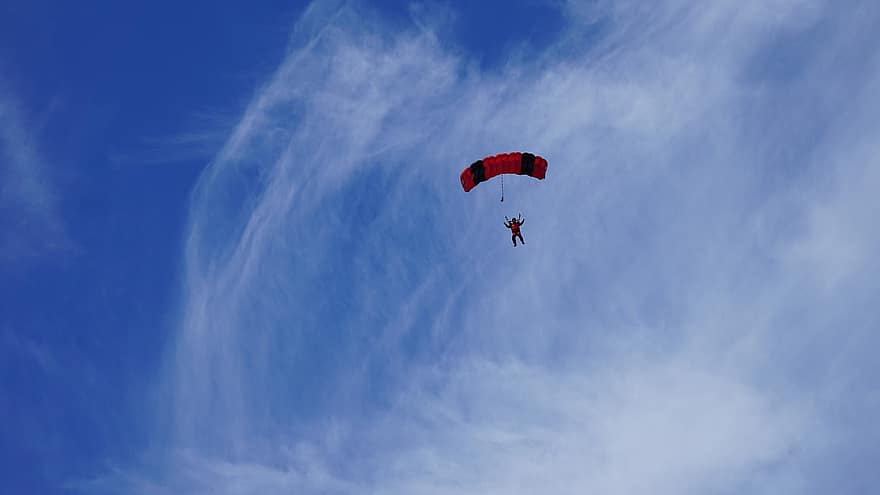 นักกระโดดร่มชูชีพ, ร่มชูชีพ, ท้องฟ้า, สูง, การกระโดดร่ม, ตก, พื้นหลัง, กระโดด, เป็นมนุษย์, กีฬา, Skydive