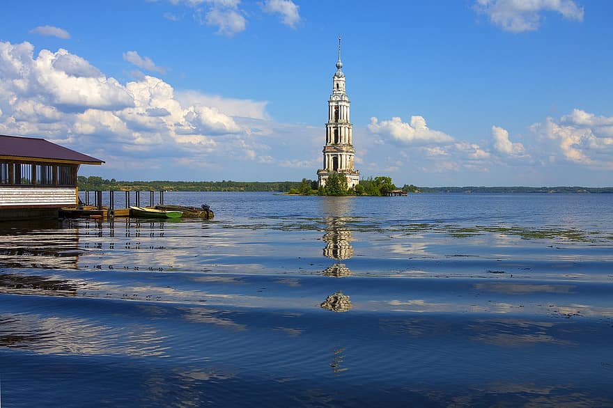 klokkentoren, reservoir, Kalyazin, historisch, tver oblast, Rusland, architectuur, water, Bekende plek, religie, blauw
