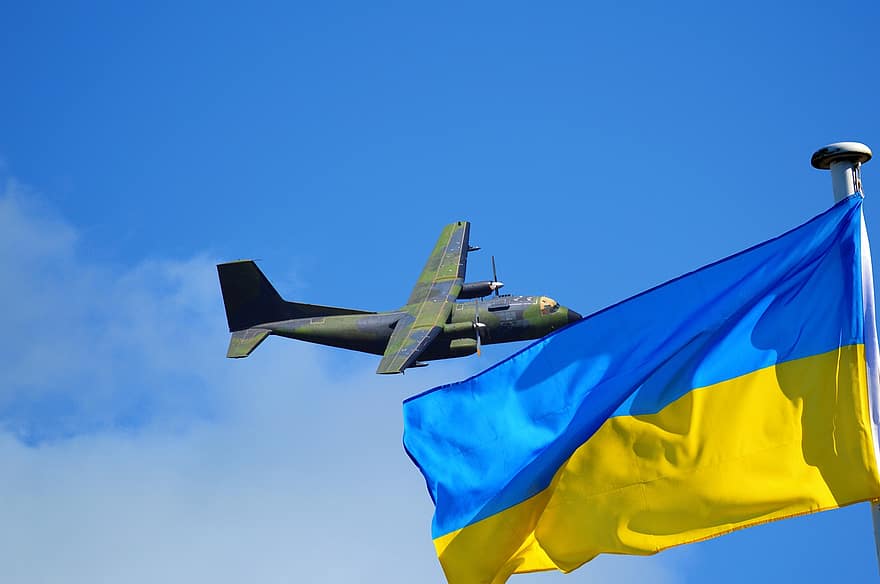 Ukrajina, vlajka, letadlo, vlajka Ukrajiny, Ukrajinská krize, Podpěra, podpora, solidarita, nebe, soudržnost, Pomoc, Organizace pomoci