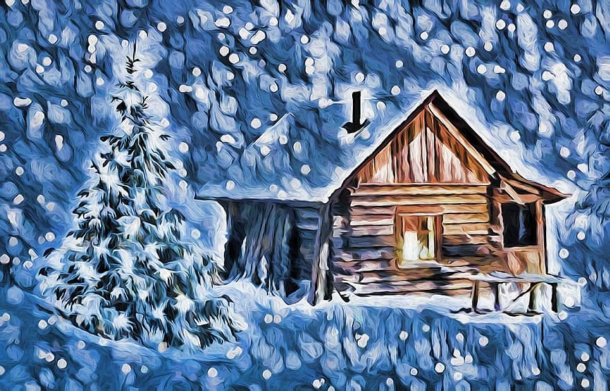 Winter, Cabin, Christmas, Snow, Cottage, House, Blizzard, Cold, Nature, Outdoors, Rural