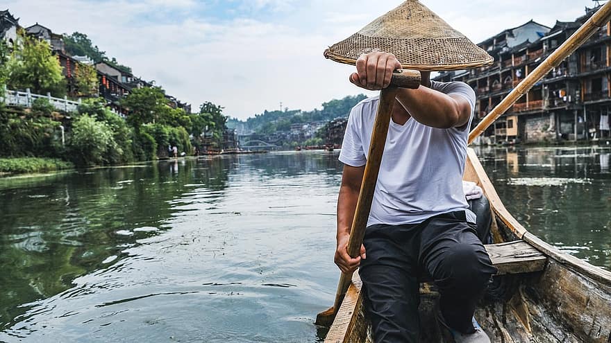 muž, rybář, řeka, starobylé město, fenghuang, Čína, vlna