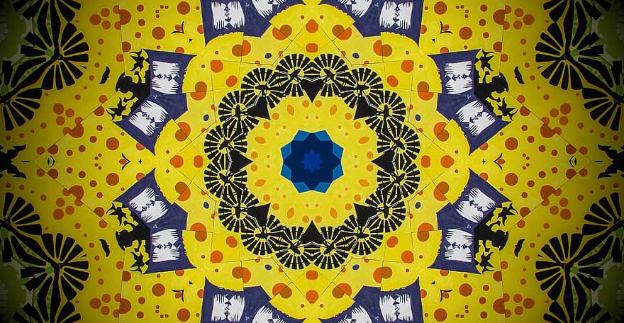 rosetón, mandala, caleidoscopio, fondo amarillo, papel tapiz amarillo, ornamento, papel pintado, decoración, decorativo, simétrico, textura