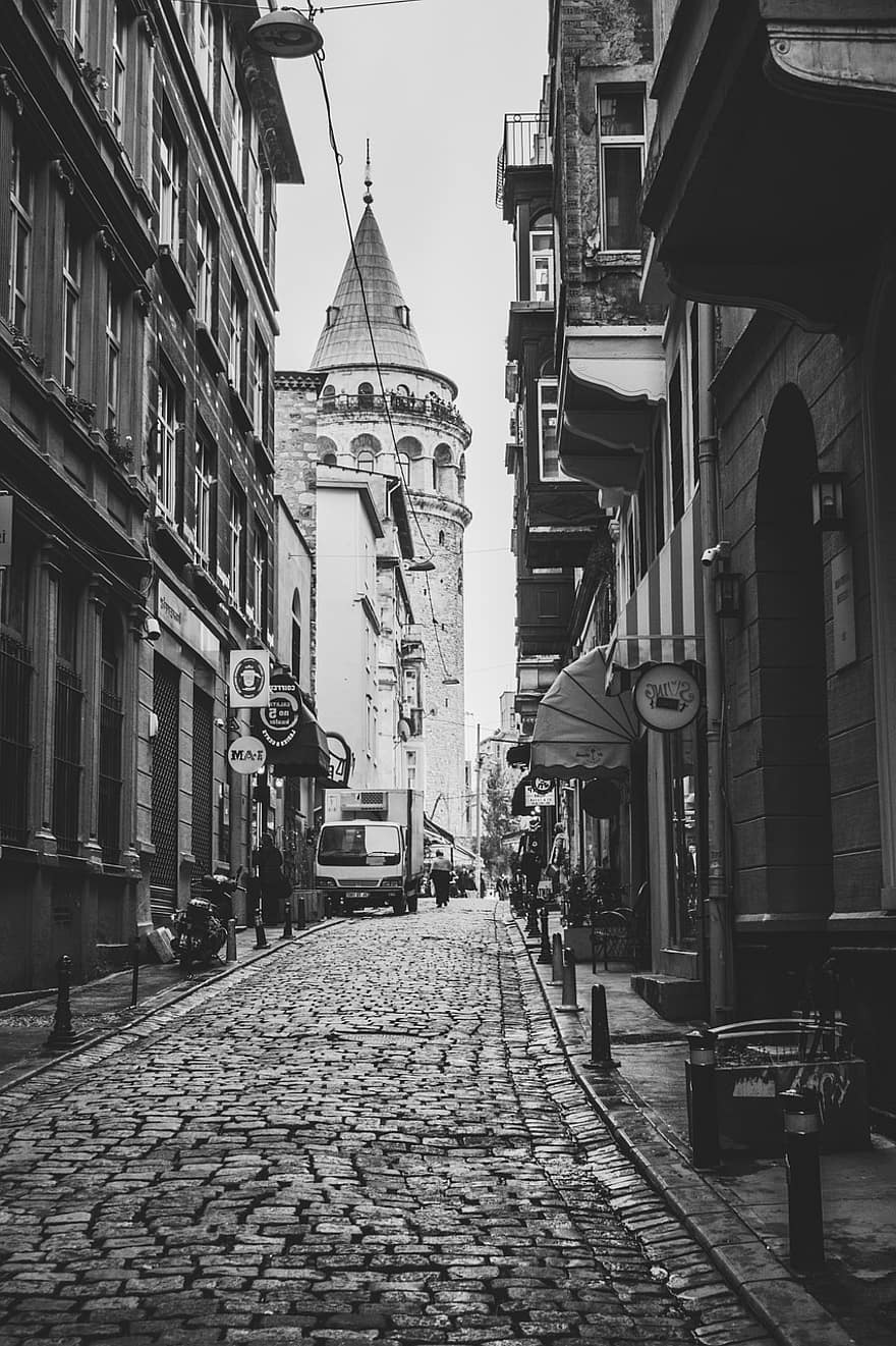 gata, svartvitt, galatatornet, torn, urban, istanbul, arkitektur