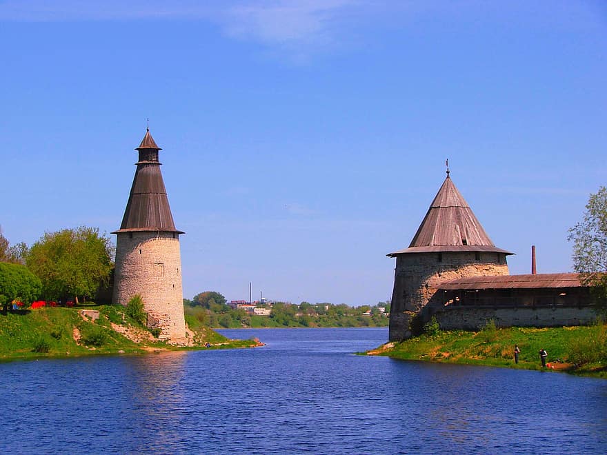 rivière, forteresse, temple, pskov, cathédrale, entrée, architecture, ville, la nature, Russie, Voyage