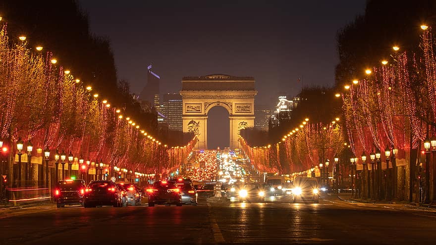 Paris, Avenida, cidade, arquitetura, urbano, luzes, arco do Triunfo