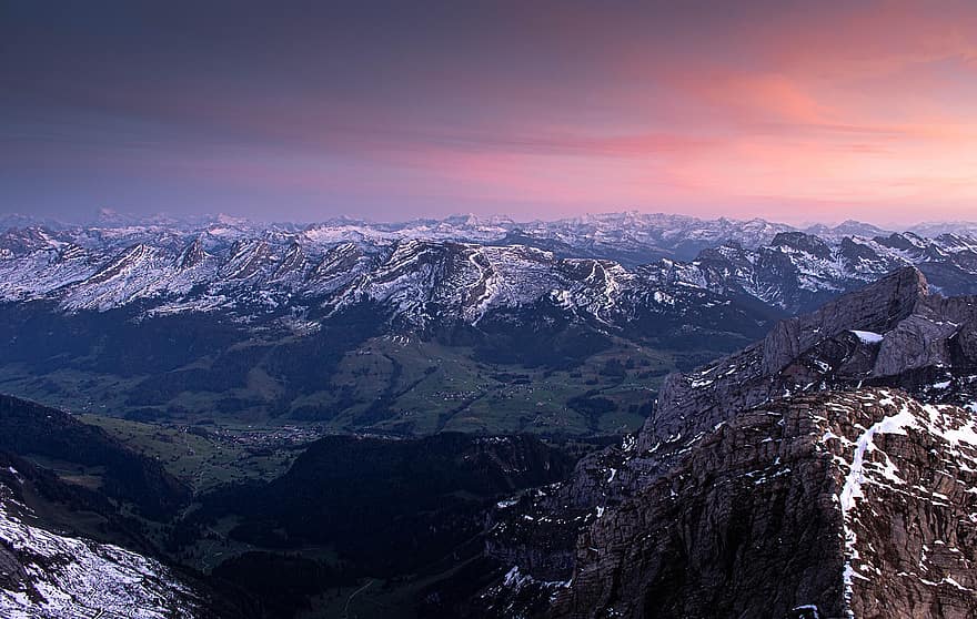 muntanyes, Serra, valls, Valls de Muntanya, churfirsten, paisatge, cel, alpí, neu, cim, posta de sol