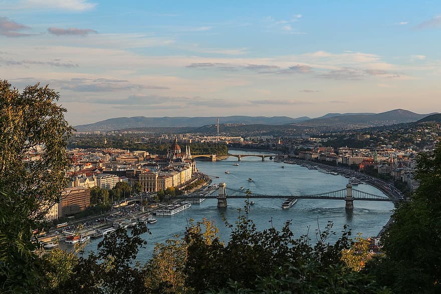 река, Будапешт, Венгрия, архитектура, заход солнца, городской, вечер, небо