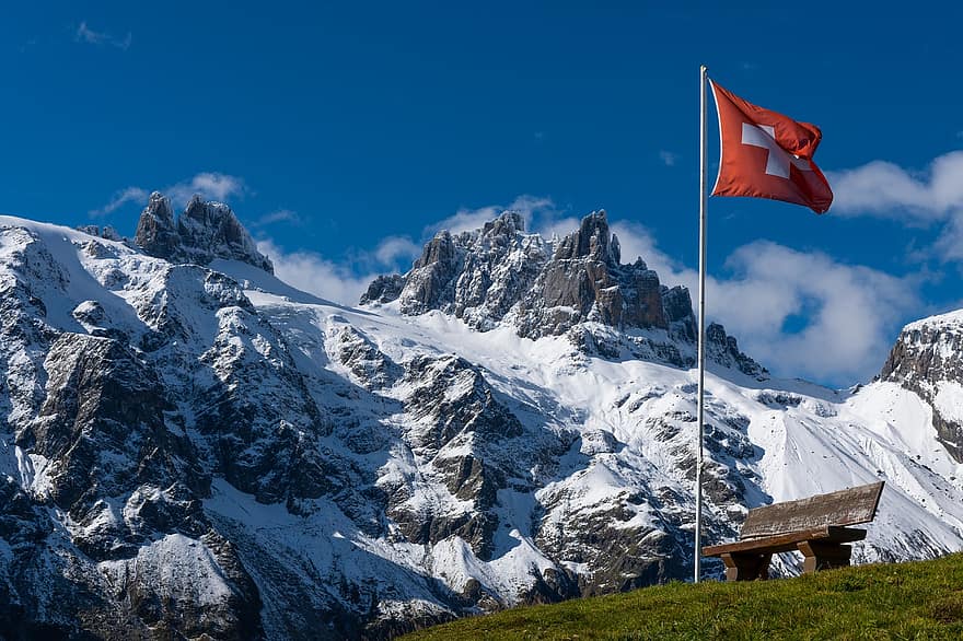 góry, szczyt, flaga, ławka, śnieg, pasmo górskie, górzysty, Wieś, Alpy, alpejski