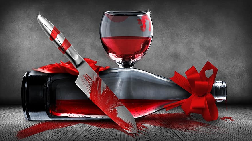 stálý život, víno, láhev, sklenice na víno, nůž, krev, místo činu, zločin