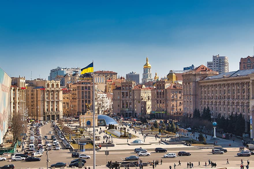κτίρια, σπίτια, Ουκρανία, σημαία, Κίεβο, πόλη, αστικό τοπίο, αρχιτεκτονική, διάσημο μέρος, αυτοκίνητο, εξωτερικό κτίριο