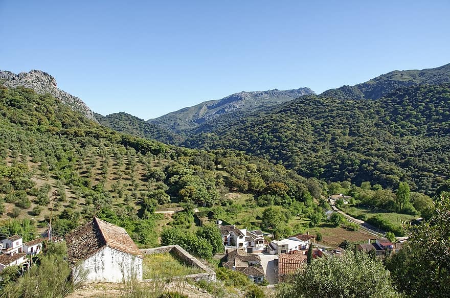 Ispanija, Andalūzija, Miestas, Malagos provincija, benaojan, kaimas, namų, architektūra, kalnai, medžiai, kaimo scenoje