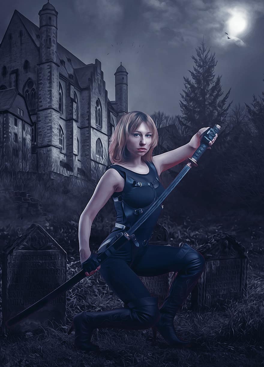 Woman, Katana, Cemetery, Warrior, Girl, Young, Beauty, Attractive, Blond, Dressed In Black, Sword