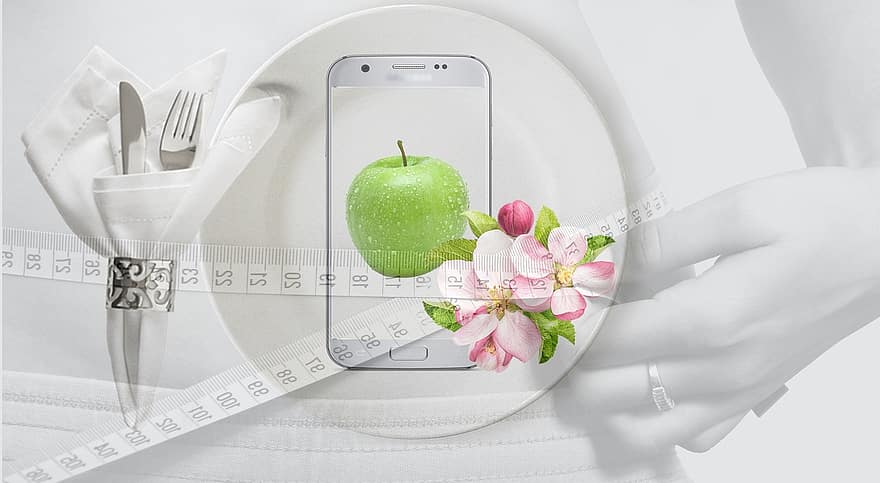 dieta, dobra intencja, sztućce, jabłko, kwiat jabłoni, nóż, widelec, smartfon, Zielony, zielone jabłko, człowiek