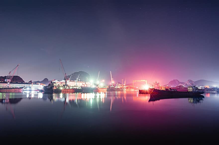 River, Port, Ships, Illuminated, Night Sky, Water Reflections, Mirroring, Shipping, Pier, Shipping Port, Shipping Industry