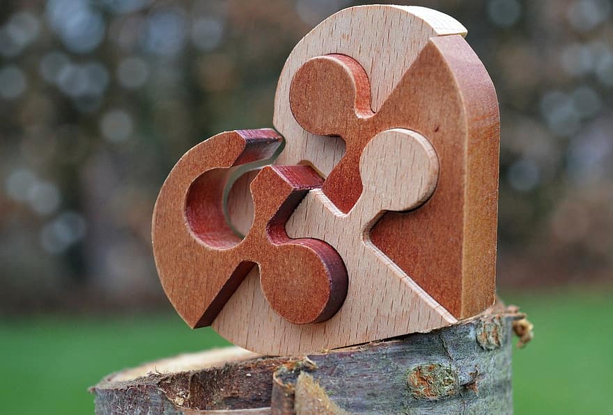 cuore, legna, puzzle, cuore di legno, avvicinamento, idee, sfondi, successo, albero, creatività, concetti