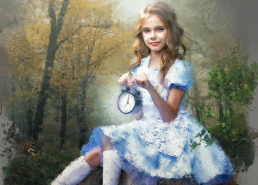 kislány, festés, Alice Csodaországban, erdő, szőke, tuskó, fák, természet, fantázia, tündérmese, aranyos