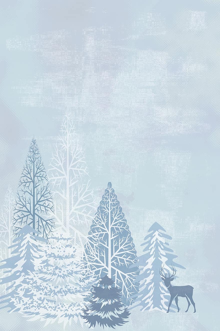 Postcard, Christmas, Background, Gift, Deer, Christmas Tree, Blue, Watercolor, Pastel, Nice, Snow