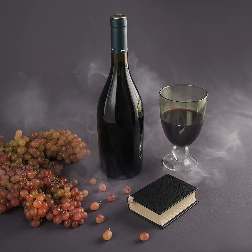 bor, szőlő, csendélet, ital, alkohol, vörösbor, üveg, füst
