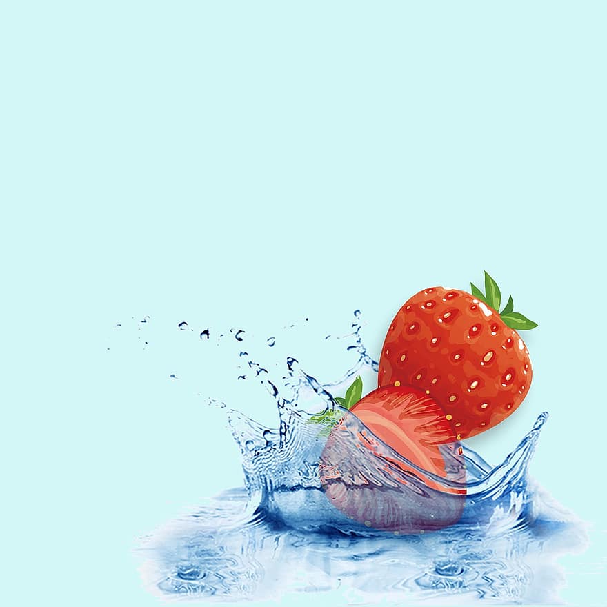 полуниця, фрукти, плескіт води, світло-блакитний, їжа, свіжість, води, блакитний, літо, здорове харчування, впритул