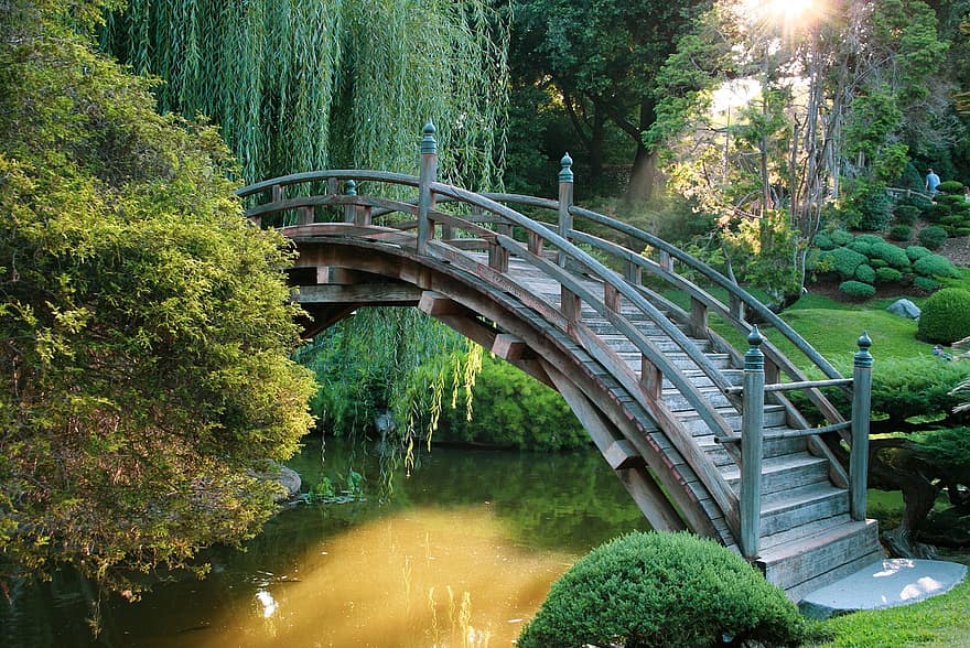 puente, arco, jardín, parque, arboles, oriental, paisaje, zen, naturaleza, agua, arquitectura