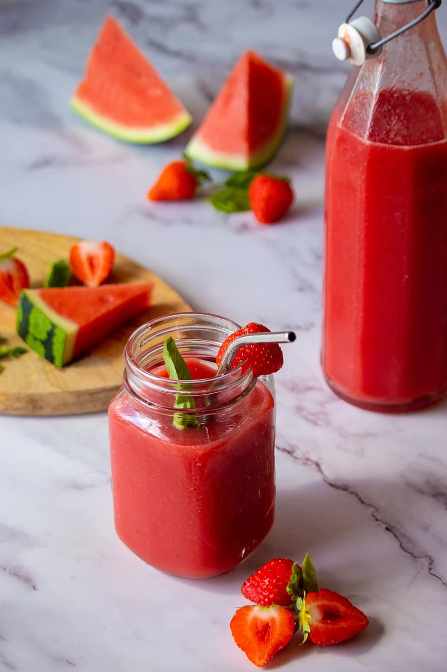 smoothie, skaka, frukt, dryck, förfriskning, vattenmelon, jordgubbar, färsk, hälsosam