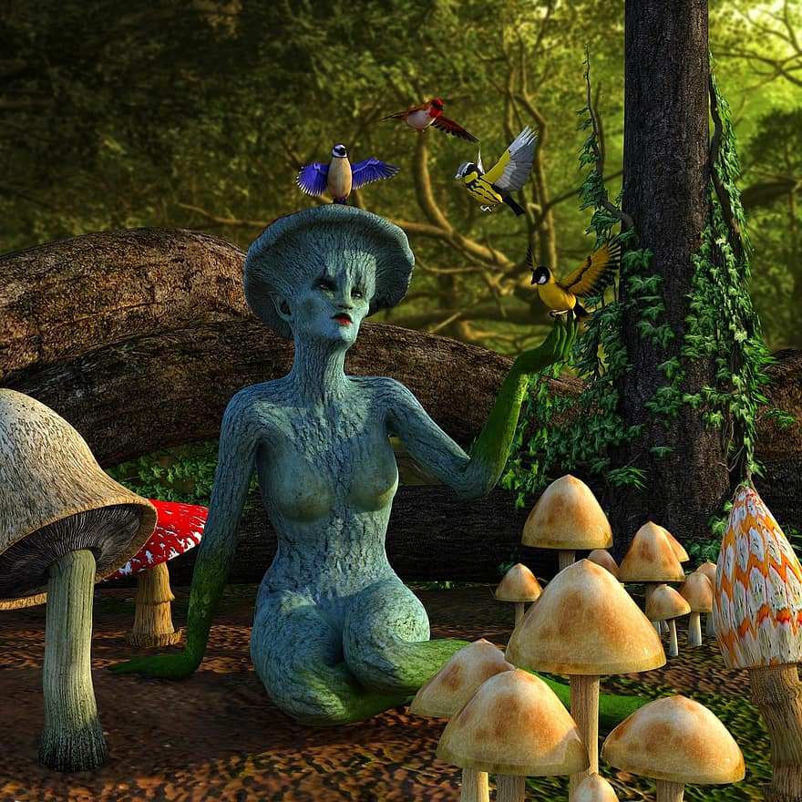 hongos, criaturas de fantasia, cuentos de hadas, bosque, mujer, musgo, recogida de setas, hongo de árbol, naturaleza, otoño, seta