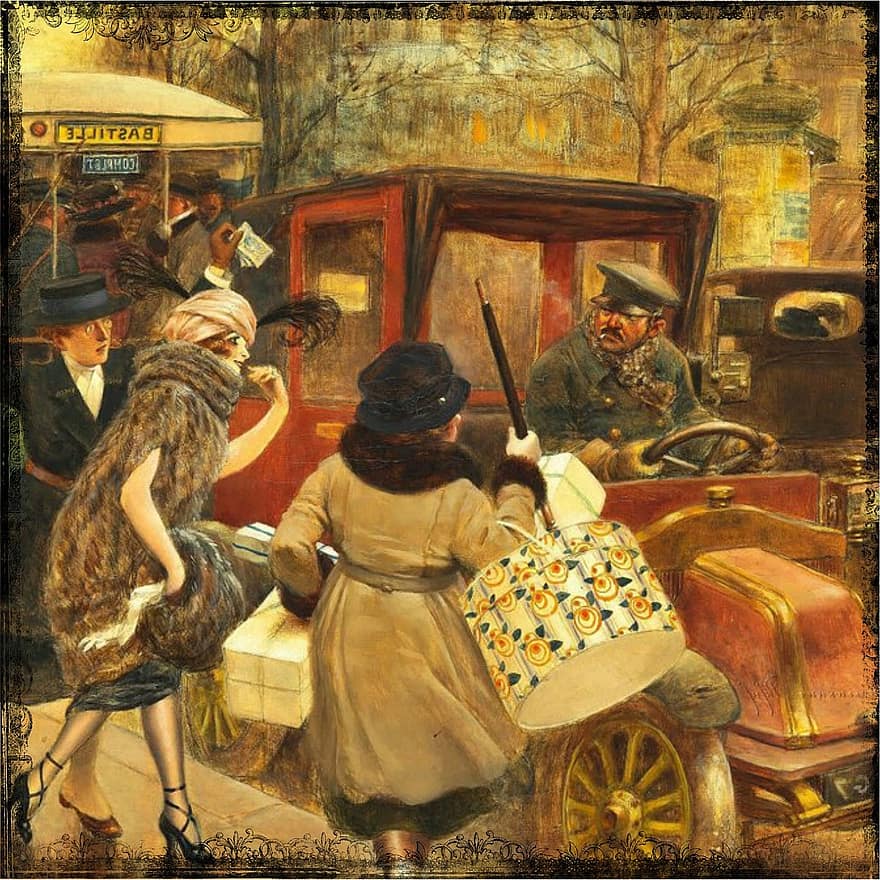derliaus, moteris, automobilis, apsipirkti, 1920 m, romantiškas, gėlių, gėlės, Senovinis skaitmeninis menas, skaitmeninis menas, skaitmeninis