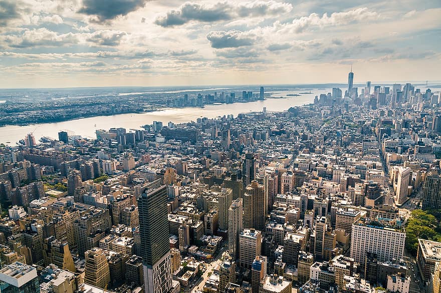 Manhattan, nyc, Nowy Jork, Miasto, Ameryka, USA, architektura, pejzaż miejski, drapacze chmur, sylwetka na tle nieba, Budynki