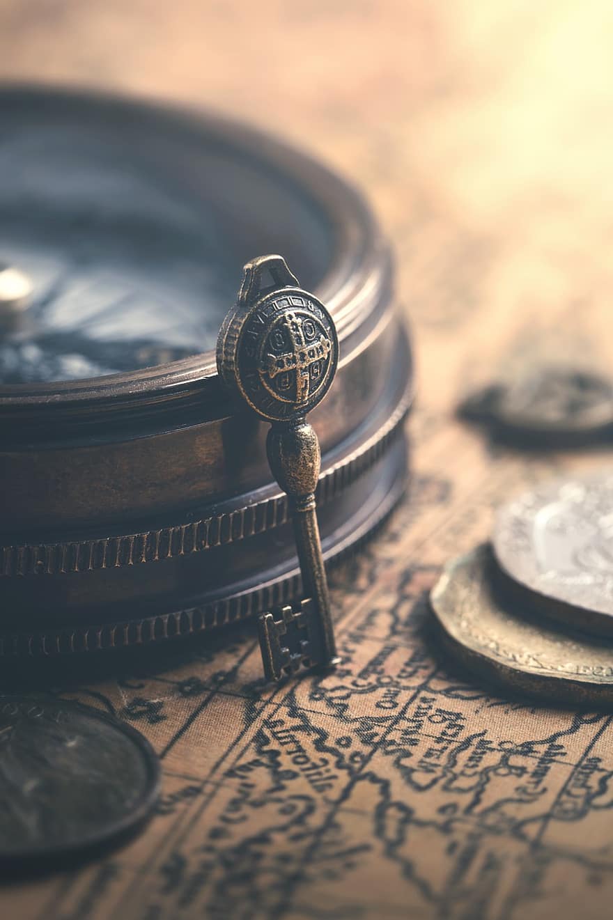 chave, mapa, bússola, moedas, vintage, retrô