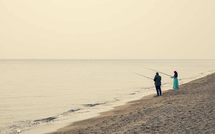 de praia, pescaria, cana de pesca, pescador, passatempo, lazer, pessoas, homem, mulher, costa, Beira Mar