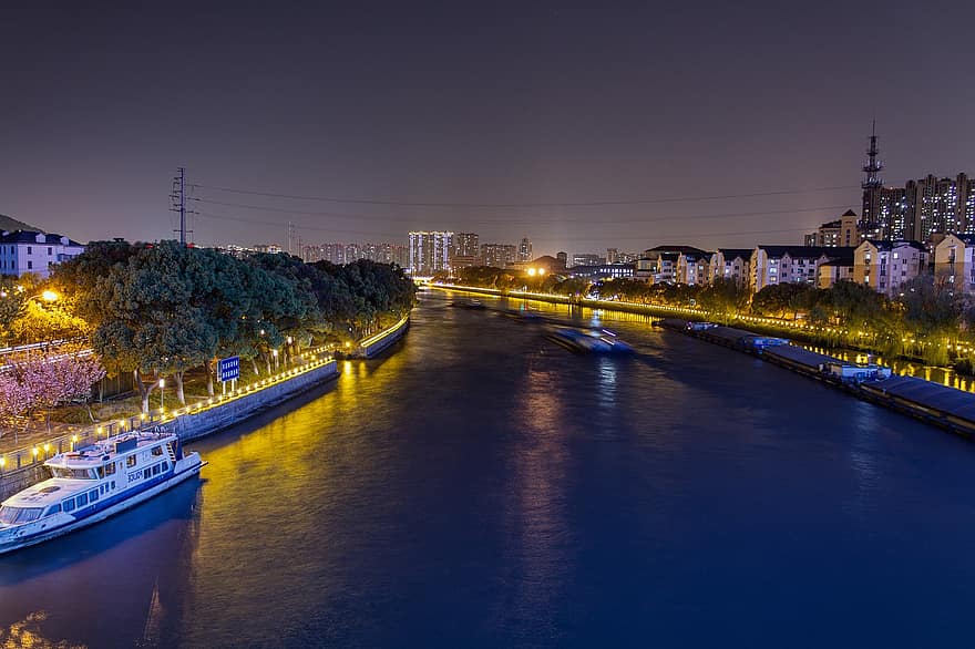 canal, ville, Voyage, tourisme, Chine, Wuxi, paysage, nuit, crépuscule, paysage urbain, endroit célèbre