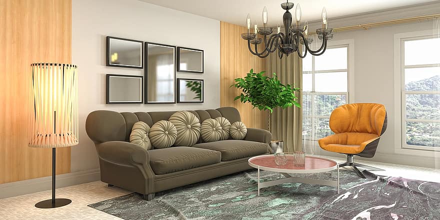 woonkamer, interieur ontwerp, 3D weergegeven, 3D-rendering, decor, decoratie, meubilair, appartement, huis, elegant, tijdgenoot