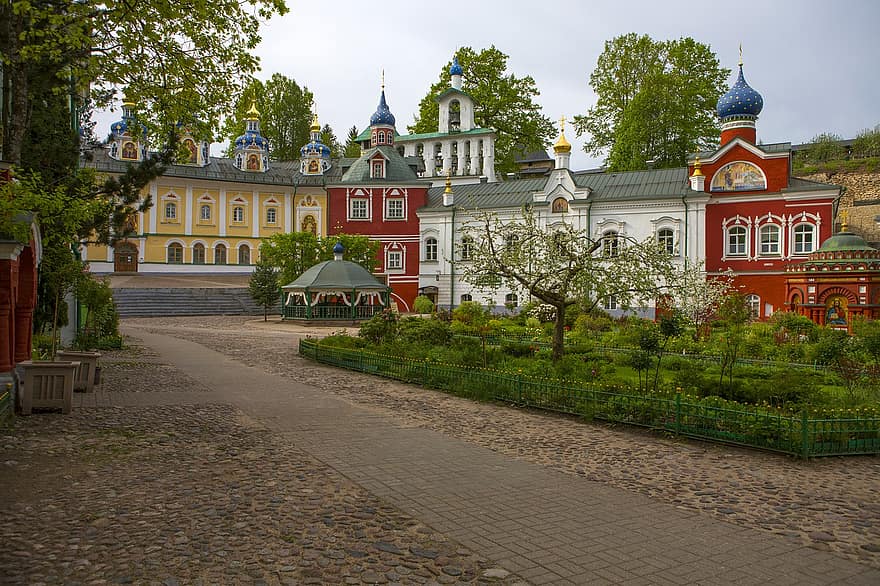 monestir, edifici, façana, monestir de pskov-caves, Rússia, pechory, primavera, vell