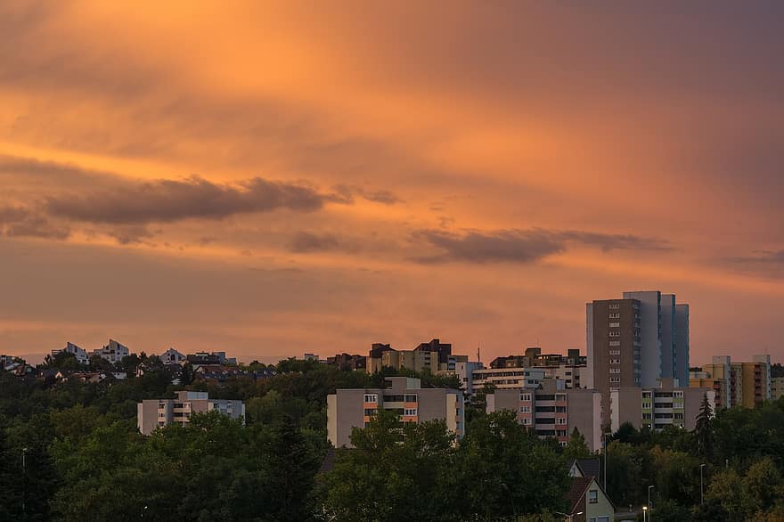 stadsgezicht, schemering, hemel, schemer, gebouw, wolken, avond, Zuid-Duitsland, woongebied, rand van de stad, uitzicht op de stad