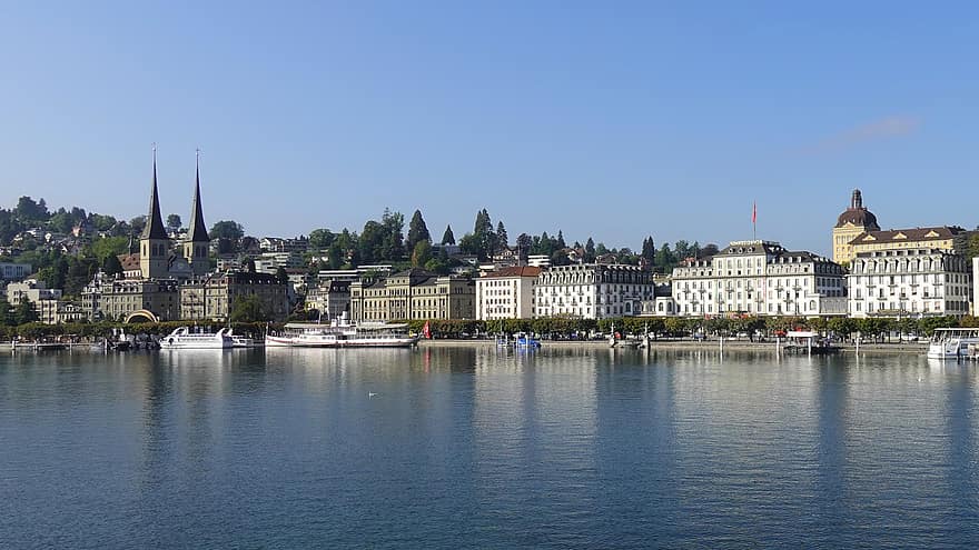 lucerne, Lake Lucerne, Sveits, by, bygninger, skyline