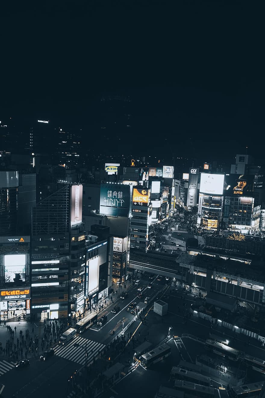 shibuya, tokyo, natt, japan, stadsbild, skyskrapa, stadsliv, trafik, byggnad exteriör, urban skyline, byggd struktur
