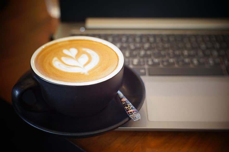 espresso, káva, pohár, kofein, kavárna, nápoj, napít se, cappuccino, stůl, ráno, laptop